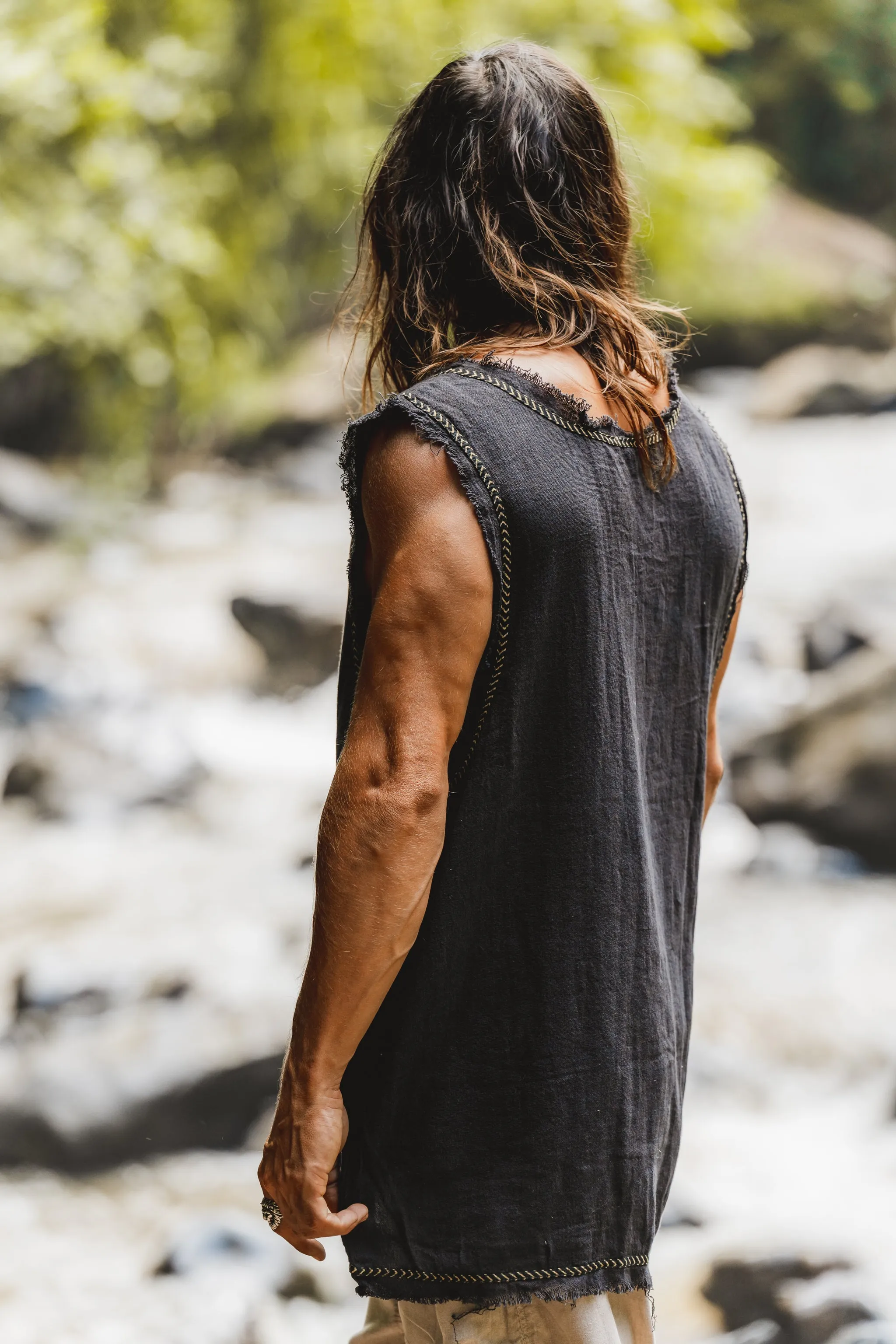 MUKTI Mens Tank Top Black Sleeveless Shipibo and Block Print combo on cotton gypsy festival shirt ethnic eclectic Tribal breathable AJJAYA sold by Ajjaya product image thumbnail 5