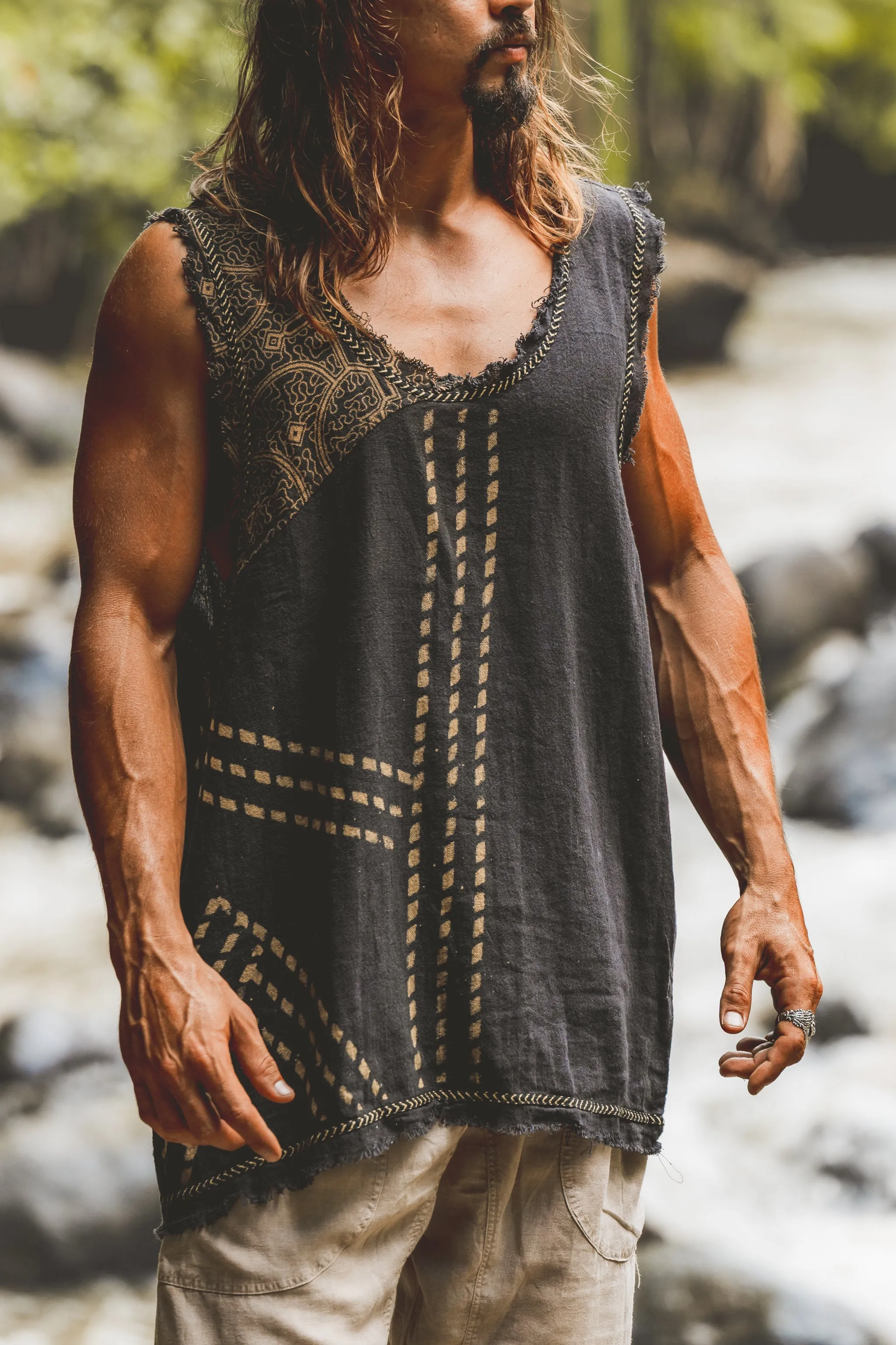 MUKTI Mens Tank Top Black Sleeveless Shipibo and Block Print combo on cotton gypsy festival shirt ethnic eclectic Tribal breathable AJJAYA sold by Ajjaya product image thumbnail 2