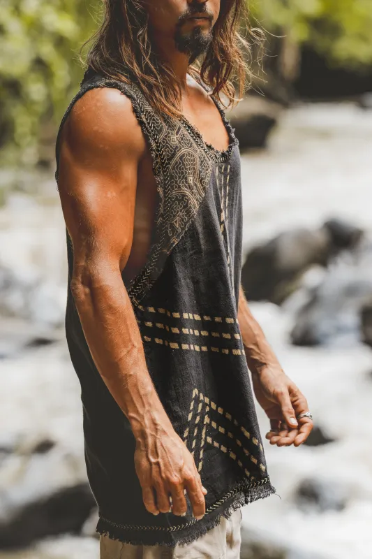 MUKTI Mens Tank Top Black Sleeveless Shipibo and Block Print combo on cotton gypsy festival shirt ethnic eclectic Tribal breathable AJJAYA made by Ajjaya