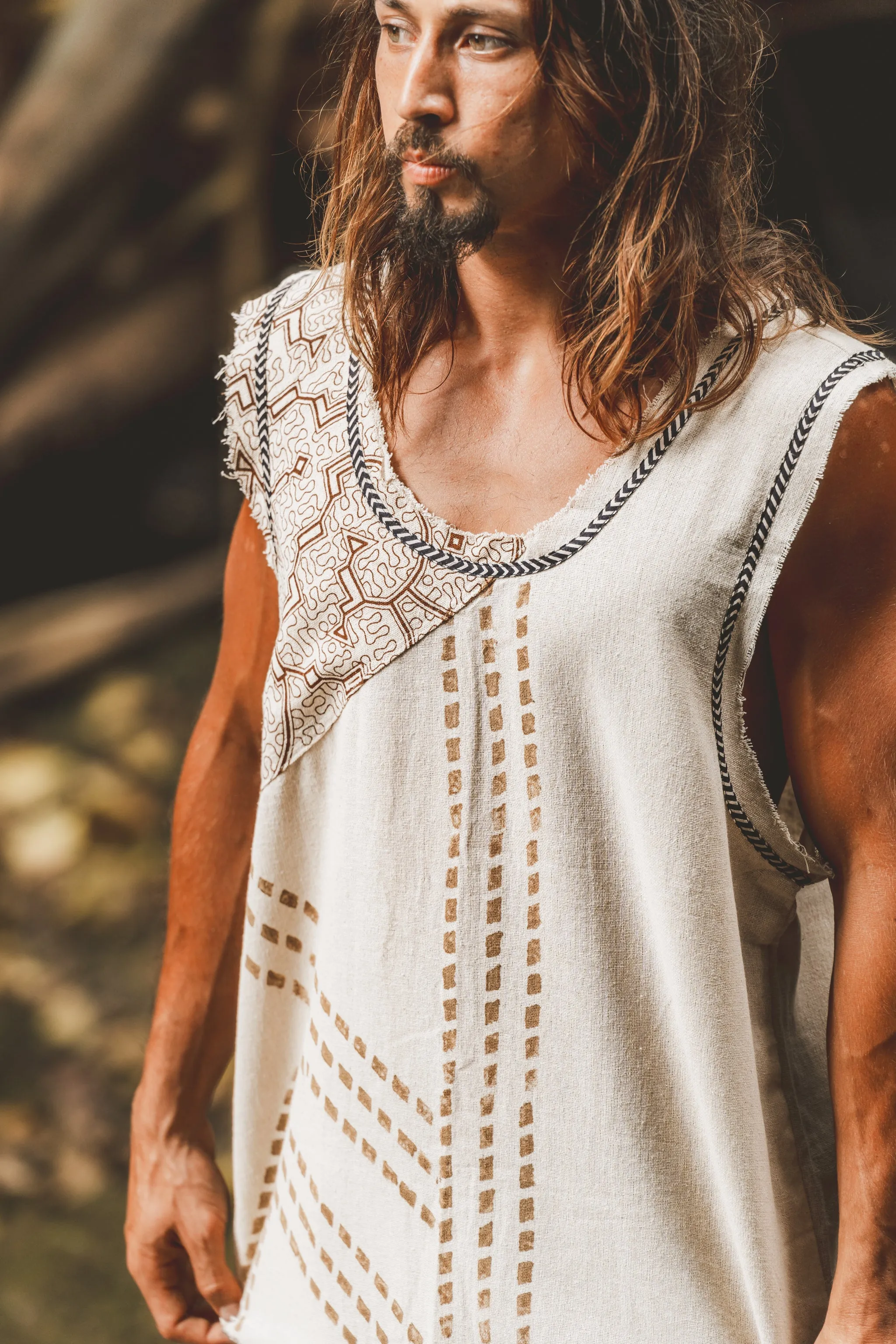 MUKTI Beige Mens Tank Top Sleeveless Shipibo and Block Print combo on cotton gypsy festival shirt ethnic eclectic Tribal breathable AJJAYA sold by Ajjaya product image thumbnail 2