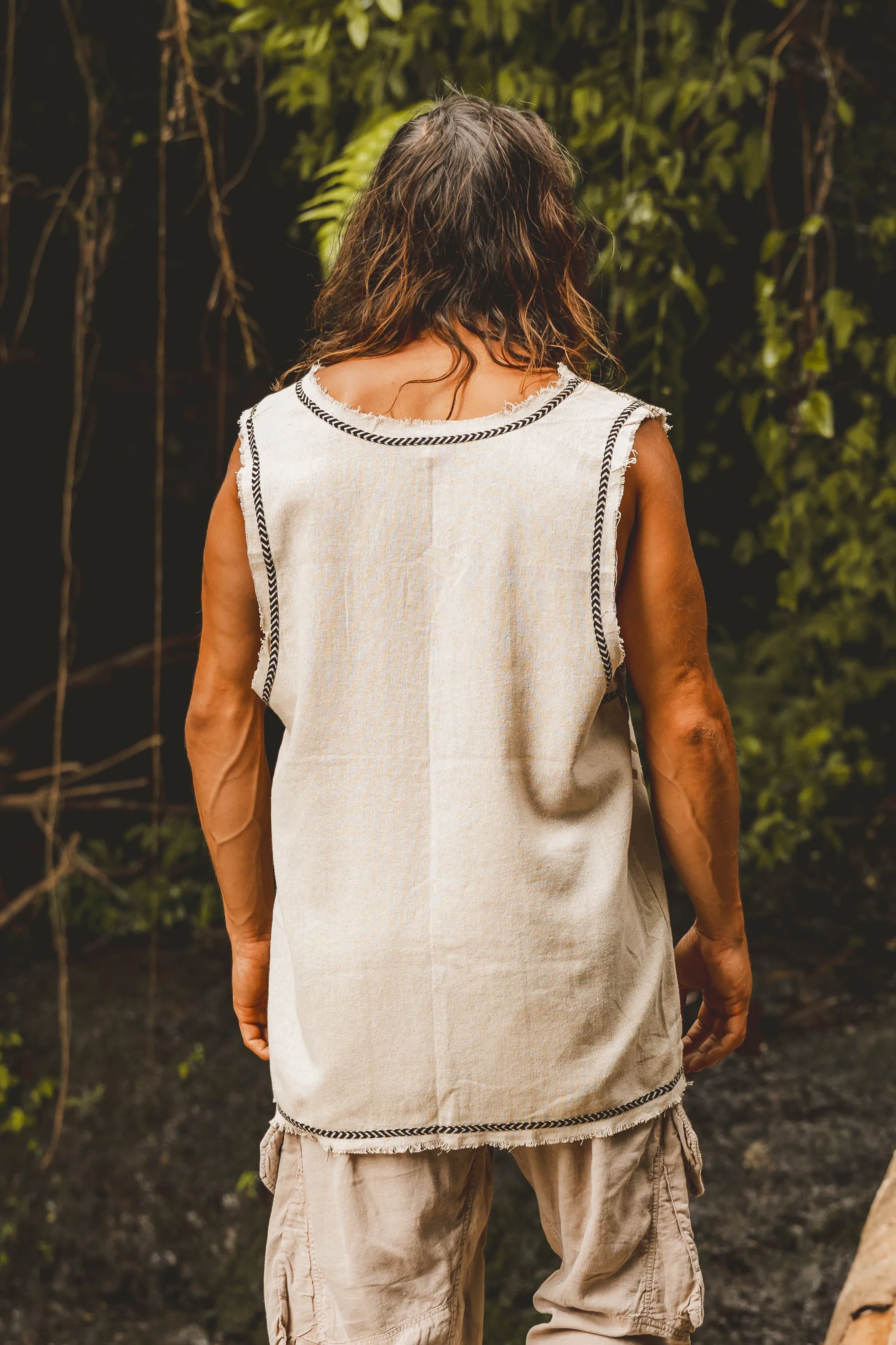 MUKTI Beige Mens Tank Top Sleeveless Shipibo and Block Print combo on cotton gypsy festival shirt ethnic eclectic Tribal breathable AJJAYA sold by Ajjaya product image thumbnail 3