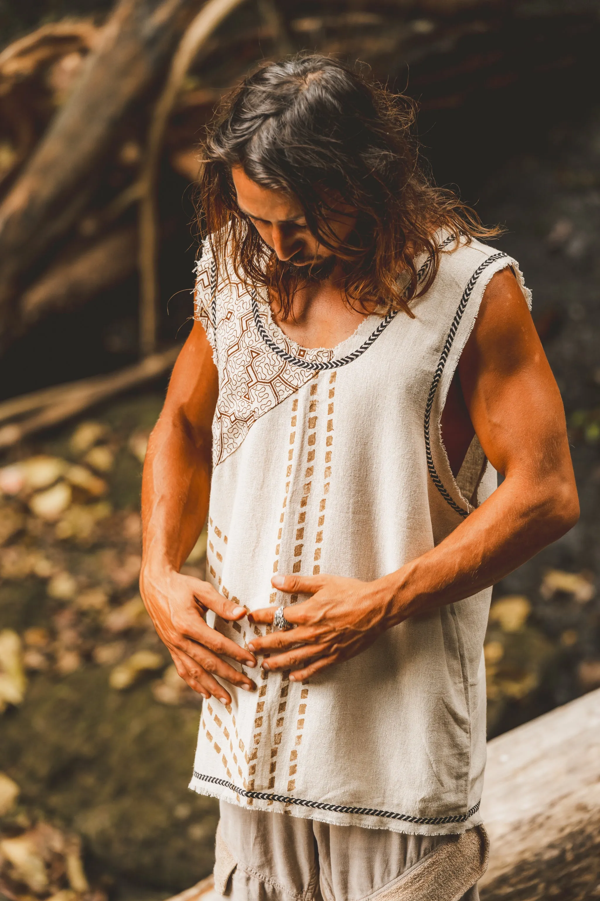 MUKTI Beige Mens Tank Top Sleeveless Shipibo and Block Print combo on cotton gypsy festival shirt ethnic eclectic Tribal breathable AJJAYA sold by Ajjaya product image thumbnail 4