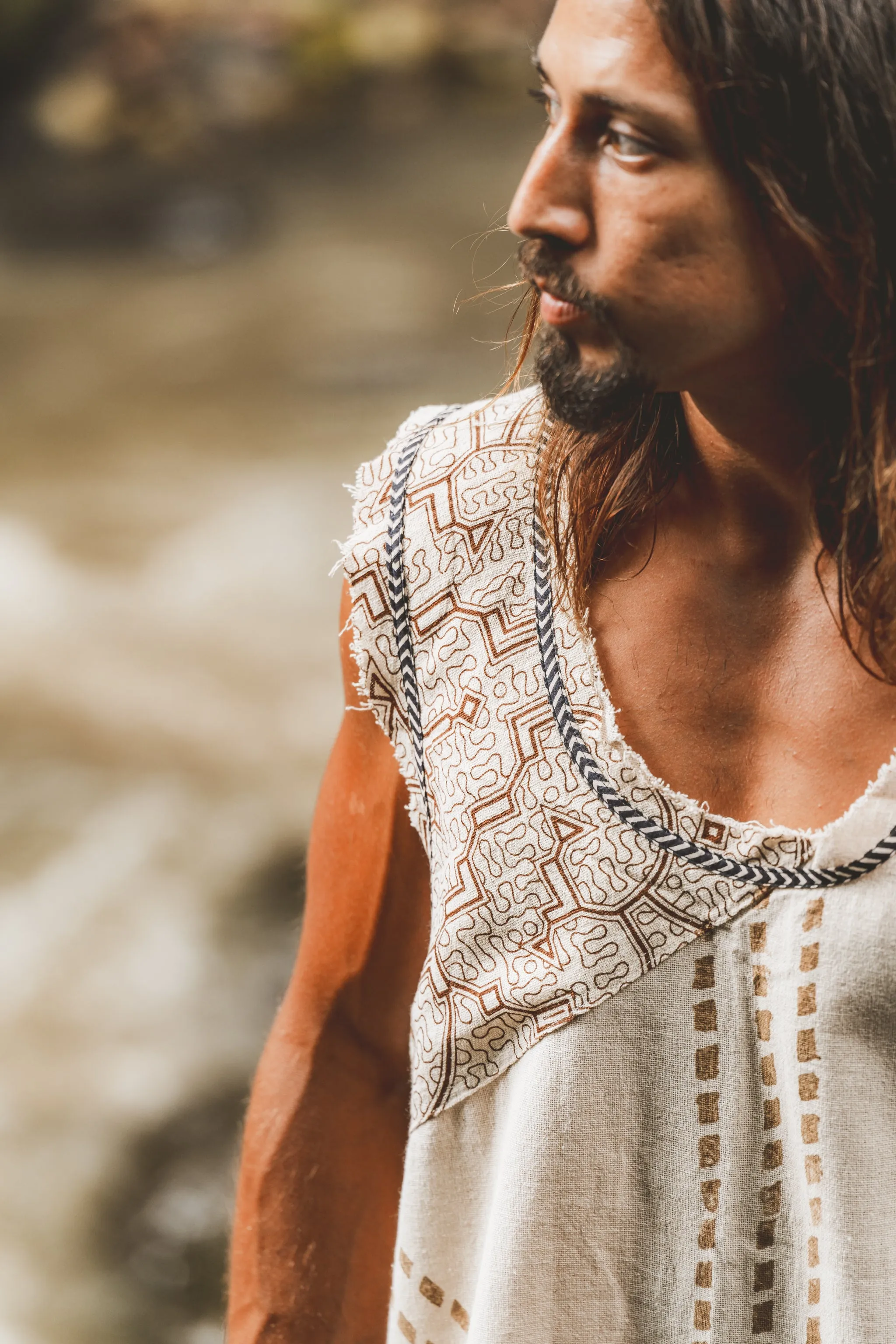 MUKTI Beige Mens Tank Top Sleeveless Shipibo and Block Print combo on cotton gypsy festival shirt ethnic eclectic Tribal breathable AJJAYA sold by Ajjaya product image thumbnail 5