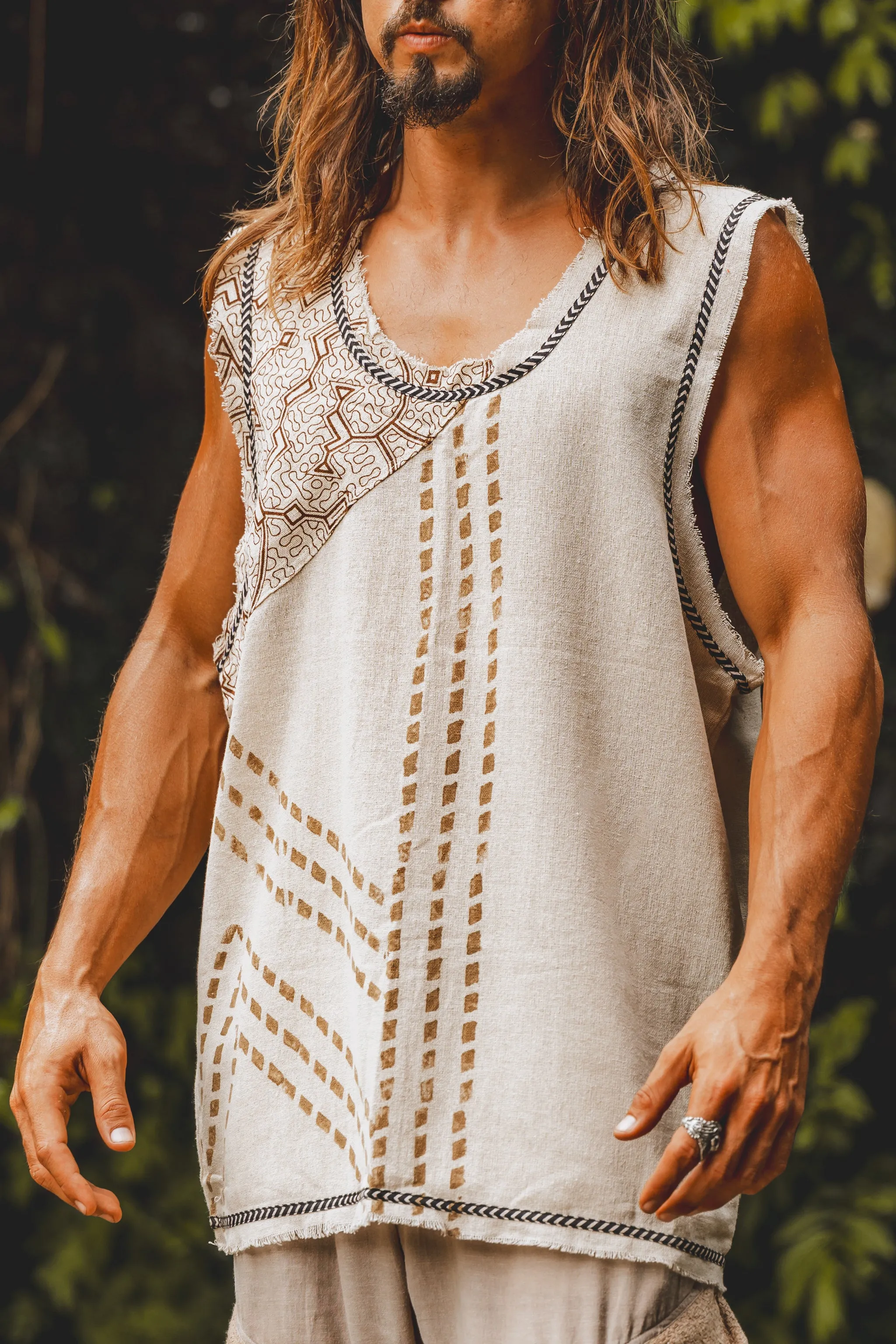 MUKTI Beige Mens Tank Top Sleeveless Shipibo and Block Print combo on cotton gypsy festival shirt ethnic eclectic Tribal breathable AJJAYA sold by Ajjaya