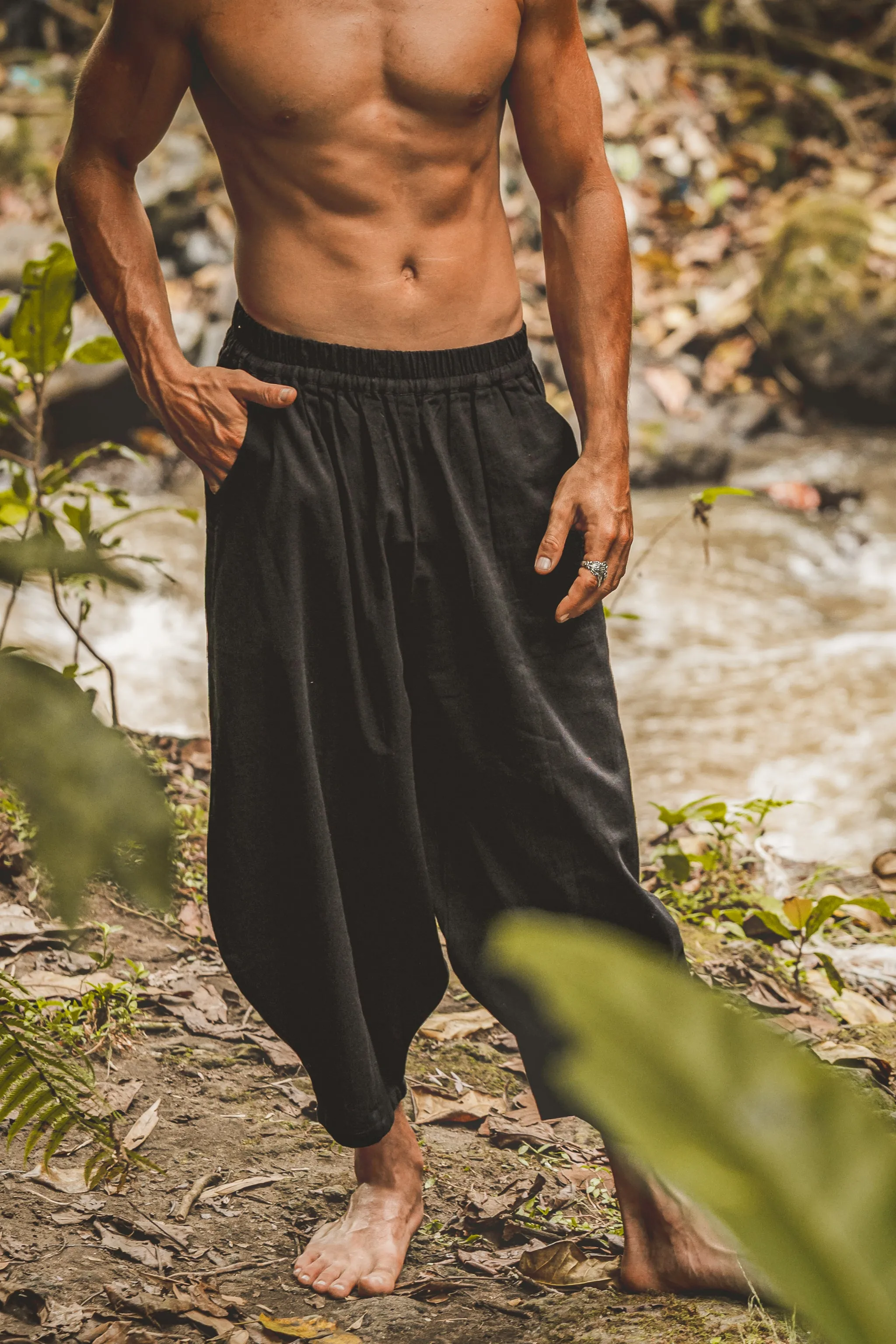 AYON Mens Cotton Yoga Pants Black Natural Plant Dyed Pockets Yogi Breathable Gym Straight Trousers Flexible Drawstring Festival AJJAYA sold by Ajjaya product image thumbnail 2