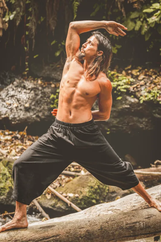 AYON Mens Cotton Yoga Pants Black Natural Plant Dyed Pockets Yogi Breathable Gym Straight Trousers Flexible Drawstring Festival AJJAYA sold by Ajjaya