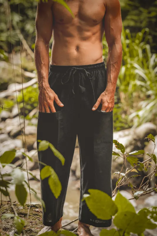 TADASANA Mens Black Yoga Pants Organic Hemp and Cotton Handmade Samurai Pockets Eco Friendly Sustainable Comfortable Earthy Gypsy AJJAYA sold by Ajjaya