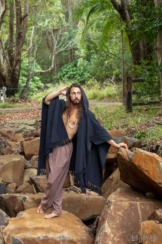 ANAGAMI Hooded Kimono Cape Poncho Robe Block Printed Natural Dyed Ceremony Ritual Shaman Tribal Alchemy Sacred Shawl Wrap sold by Ajjaya