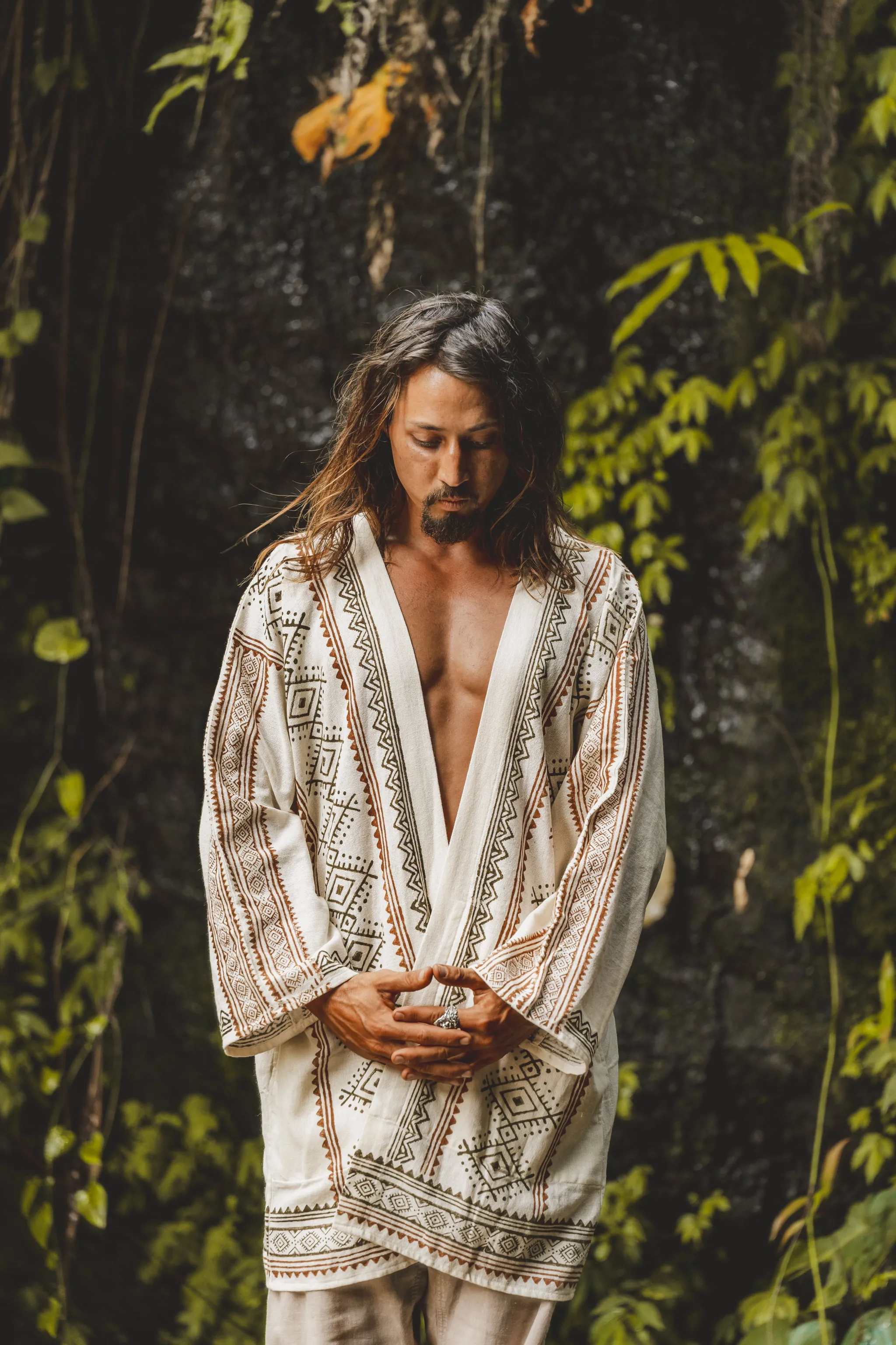 KHAL Beige Mens Open Cotton Top Handwoven Shirt Natural Eco Dyed Block Printed Buttonless Gypsy Tribal Primitive Festival Muscle Vest AJJAYA sold by Ajjaya product image thumbnail 5