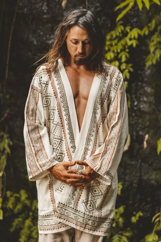 KHAL Beige Mens Open Cotton Top Handwoven Shirt Natural Eco Dyed Block Printed Buttonless Gypsy Tribal Primitive Festival Muscle Vest AJJAYA sold by Ajjaya