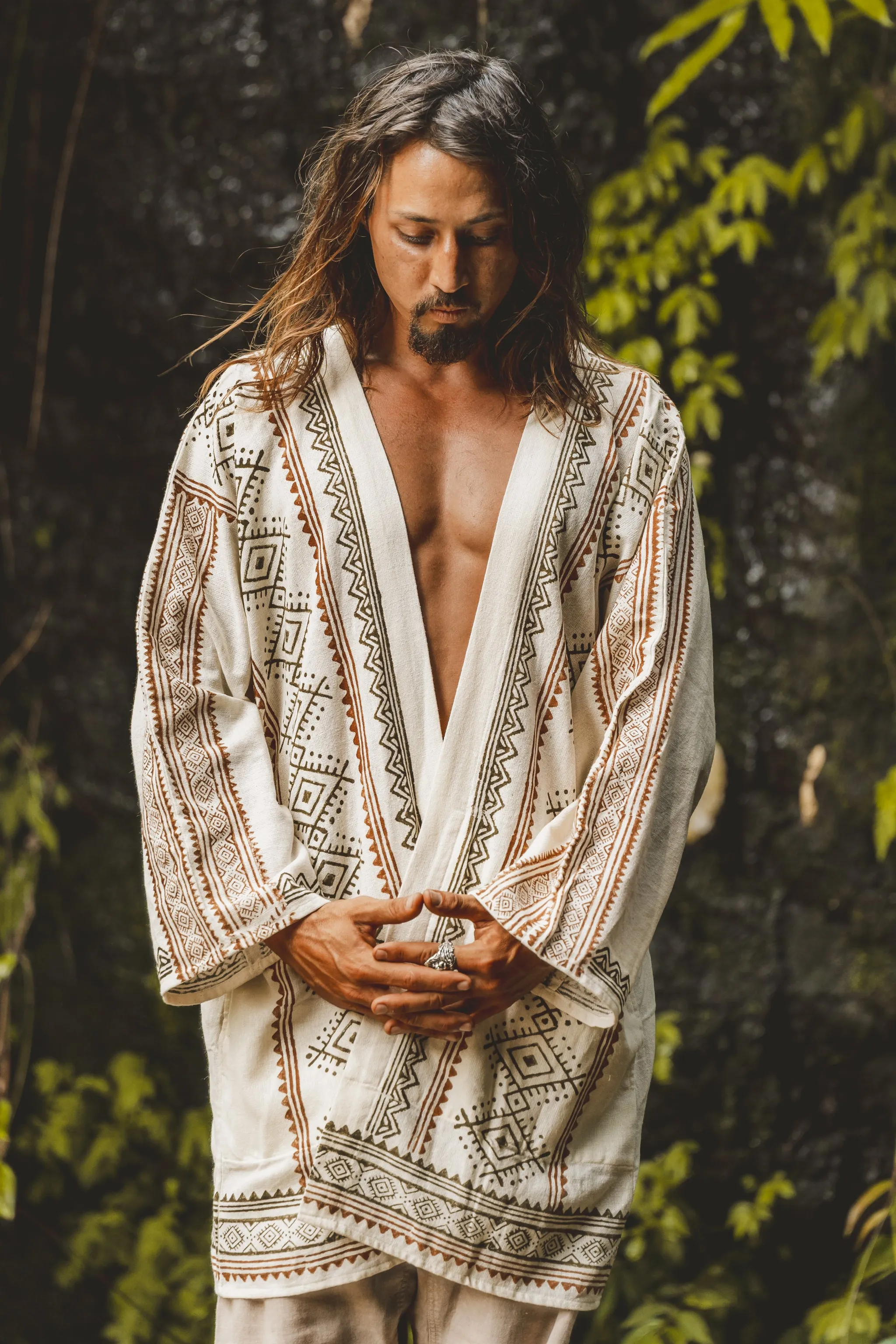 KHAL Beige Mens Open Cotton Top Handwoven Shirt Natural Eco Dyed Block Printed Buttonless Gypsy Tribal Primitive Festival Muscle Vest AJJAYA sold by Ajjaya