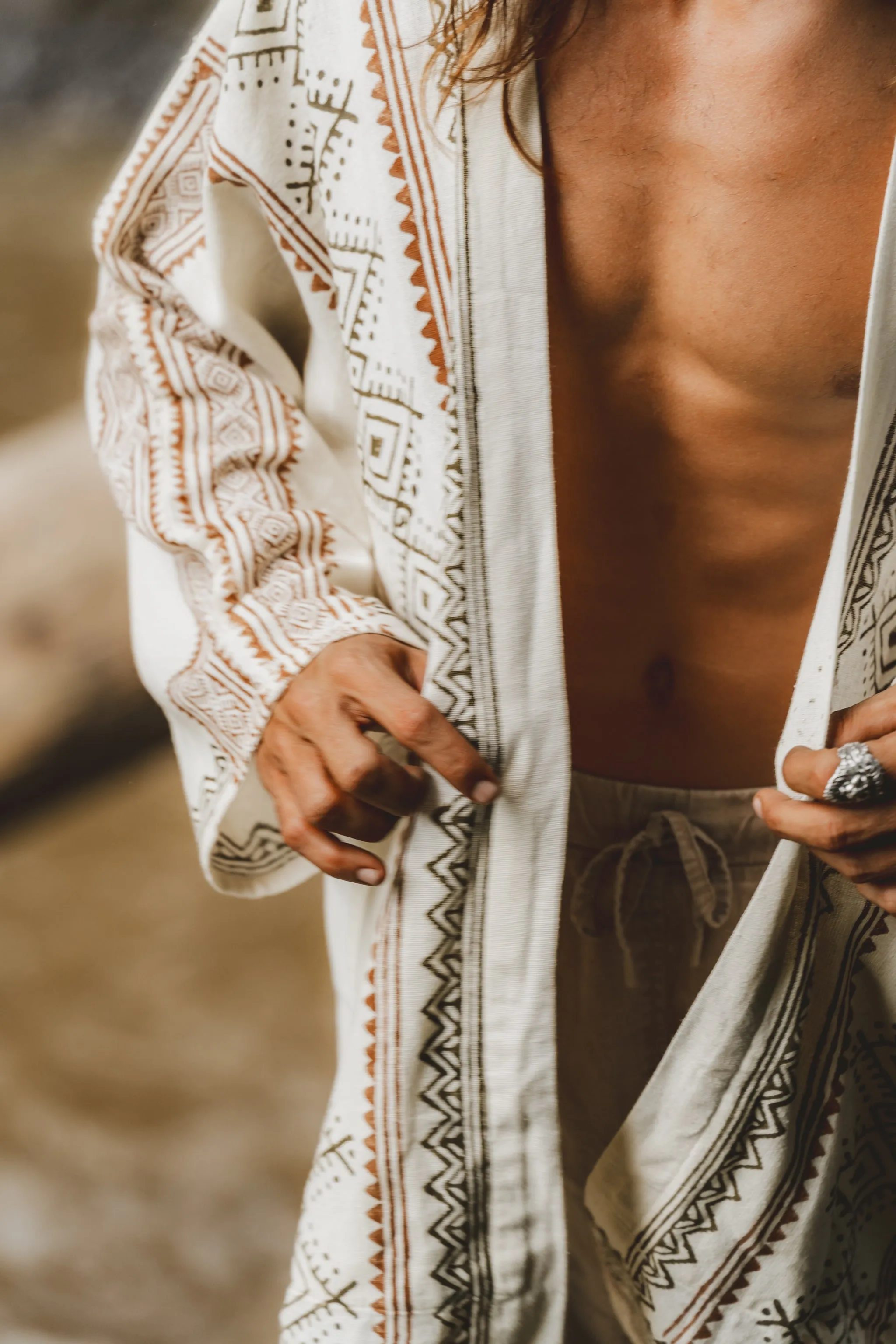 KHAL Beige Mens Open Cotton Top Handwoven Shirt Natural Eco Dyed Block Printed Buttonless Gypsy Tribal Primitive Festival Muscle Vest AJJAYA sold by Ajjaya product image thumbnail 3