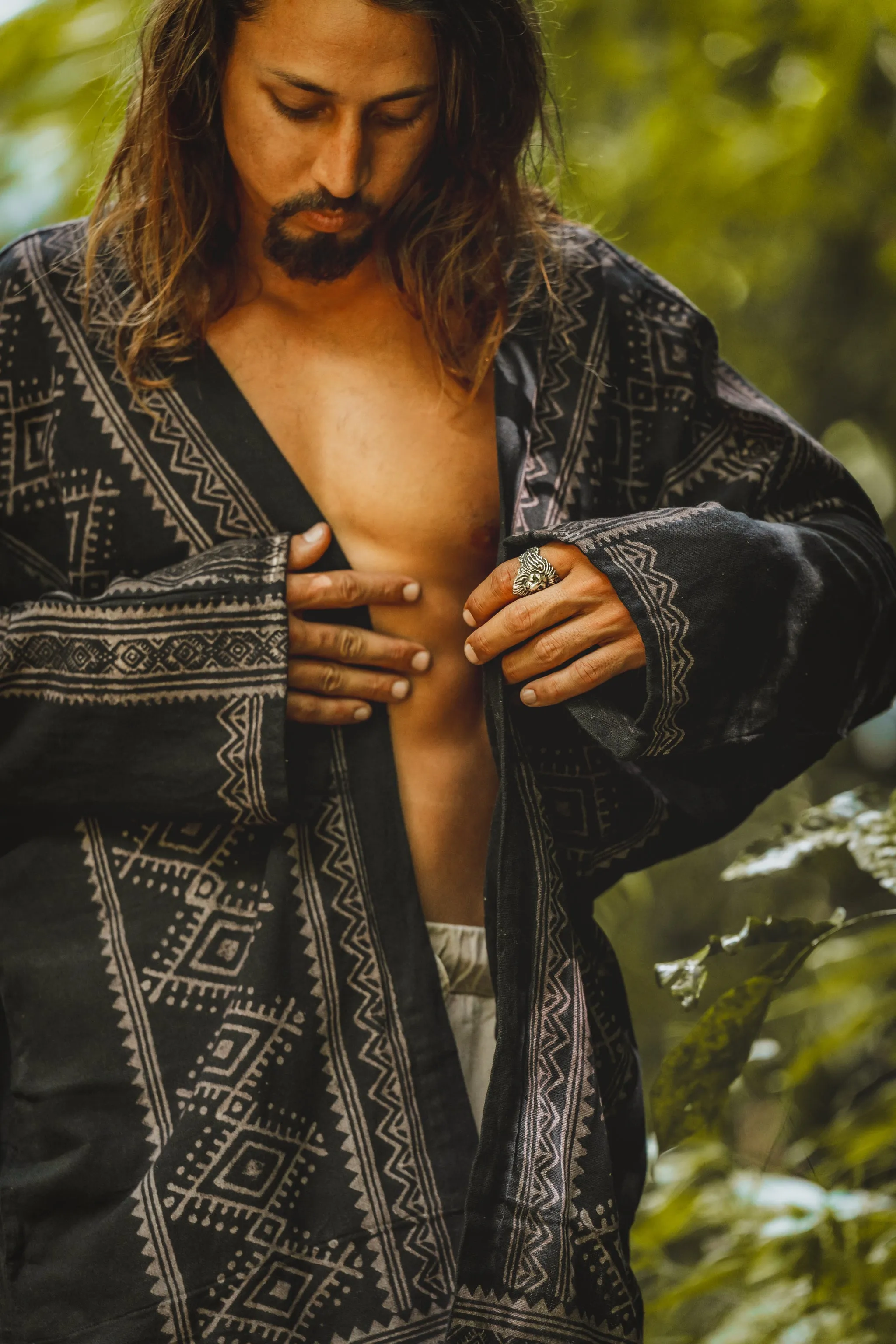 KHAL Black Open Cotton Shirt Mens Top Handwoven Natural Eco Dyed Block Printed Buttonless Gypsy Tribal Primitive Festival Muscle Vest AJJAYA sold by Ajjaya product image thumbnail 3