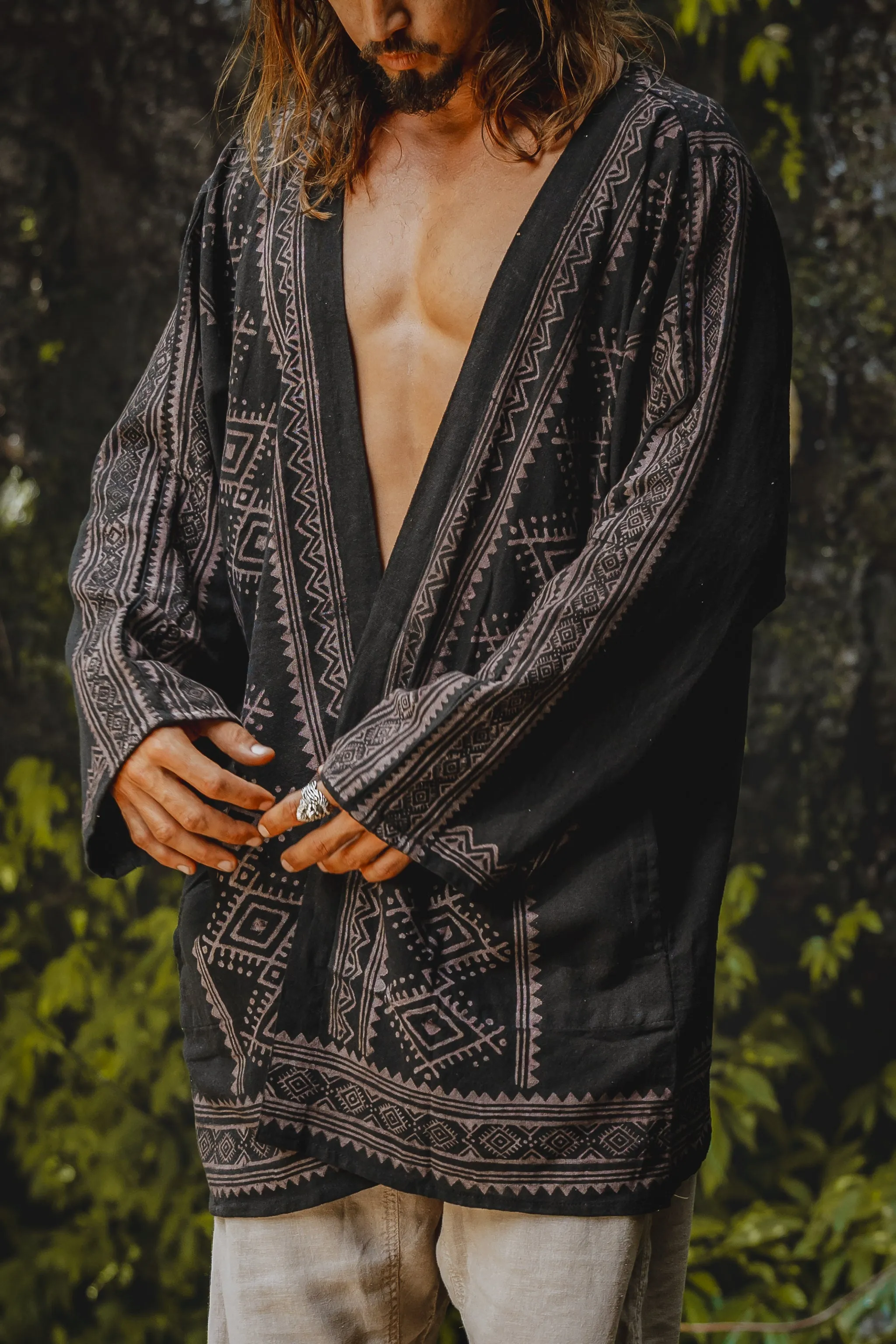 KHAL Black Open Cotton Shirt Mens Top Handwoven Natural Eco Dyed Block Printed Buttonless Gypsy Tribal Primitive Festival Muscle Vest AJJAYA sold by Ajjaya