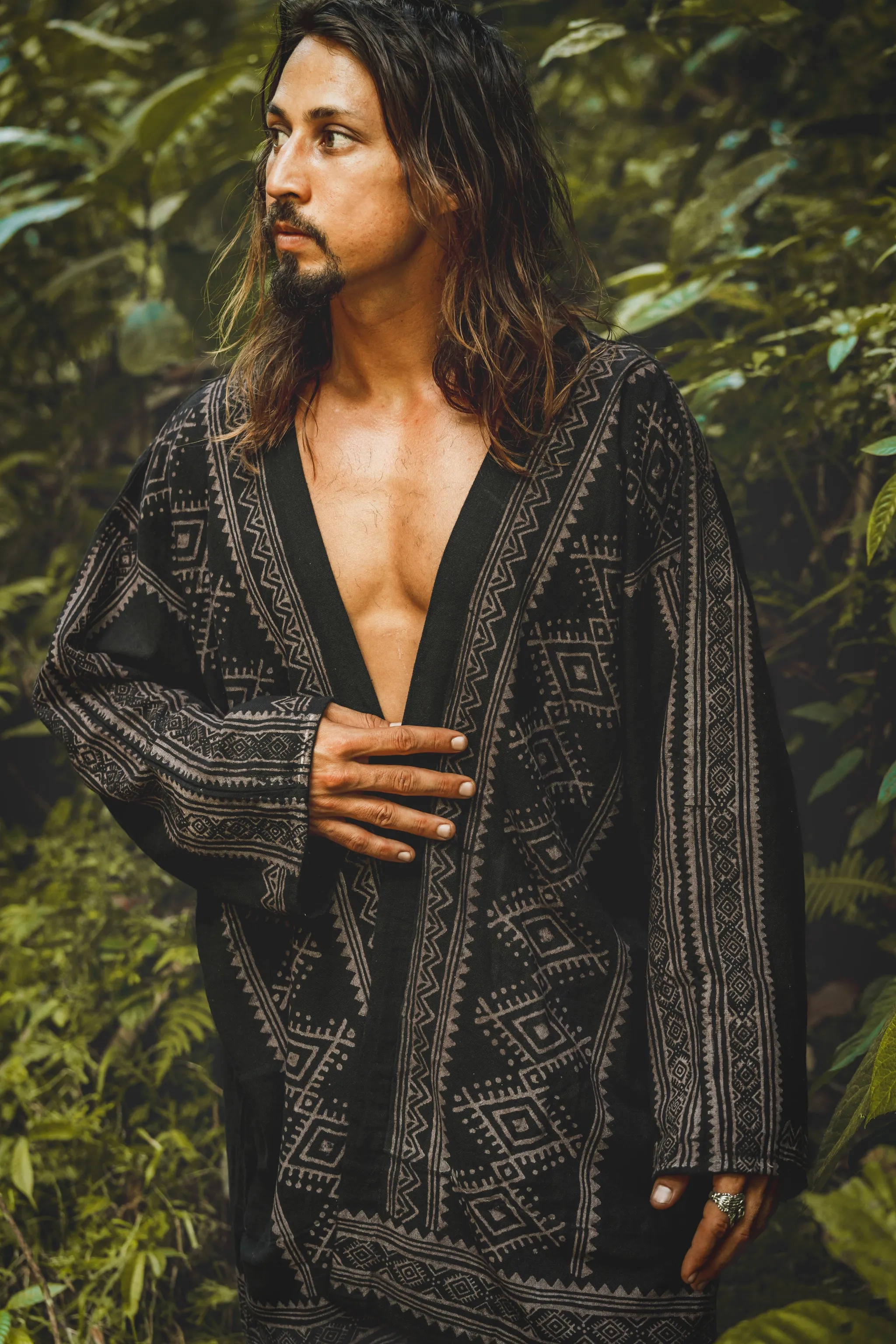 KHAL Black Open Cotton Shirt Mens Top Handwoven Natural Eco Dyed Block Printed Buttonless Gypsy Tribal Primitive Festival Muscle Vest AJJAYA sold by Ajjaya product image thumbnail 5
