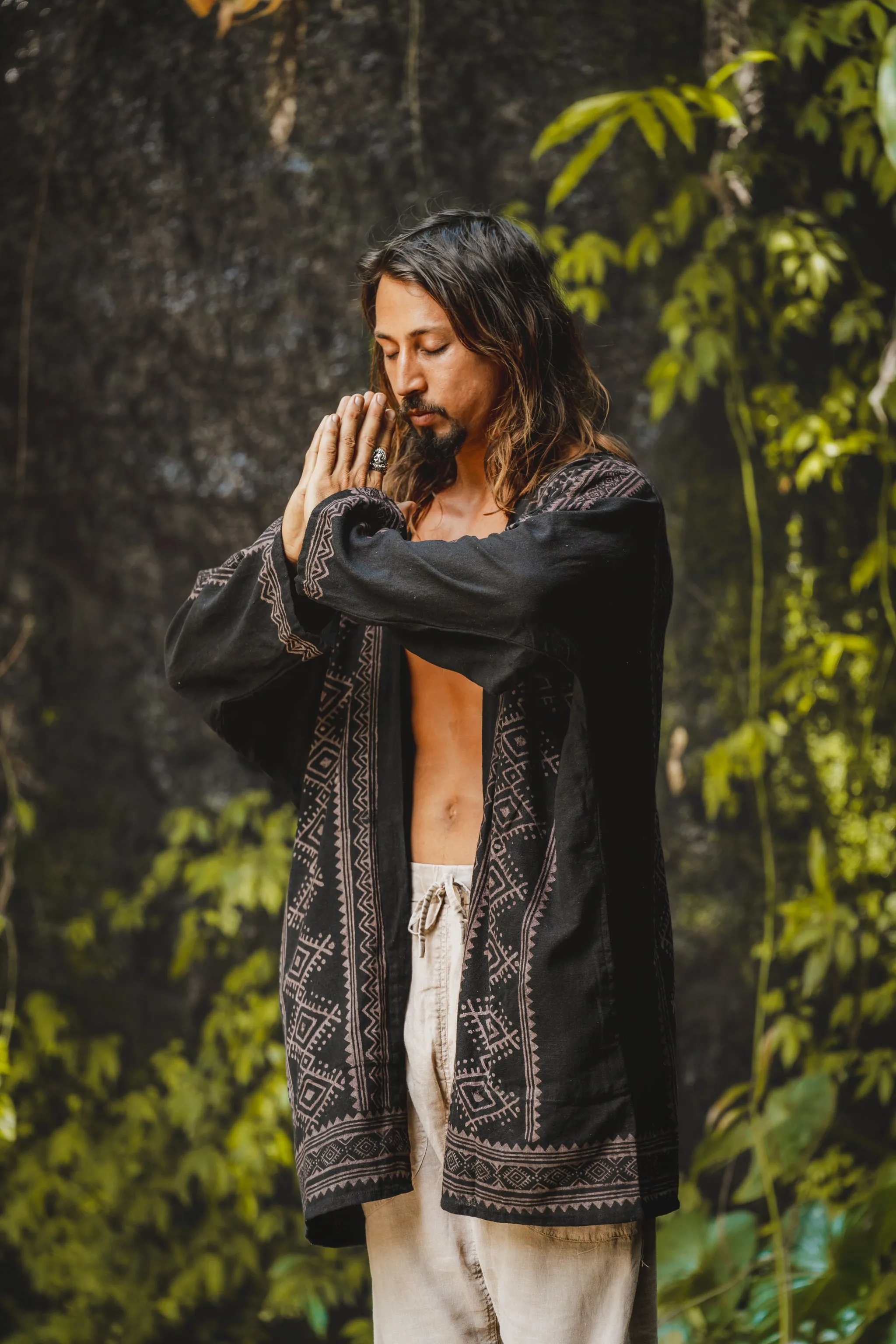KHAL Black Open Cotton Shirt Mens Top Handwoven Natural Eco Dyed Block Printed Buttonless Gypsy Tribal Primitive Festival Muscle Vest AJJAYA sold by Ajjaya product image thumbnail 4