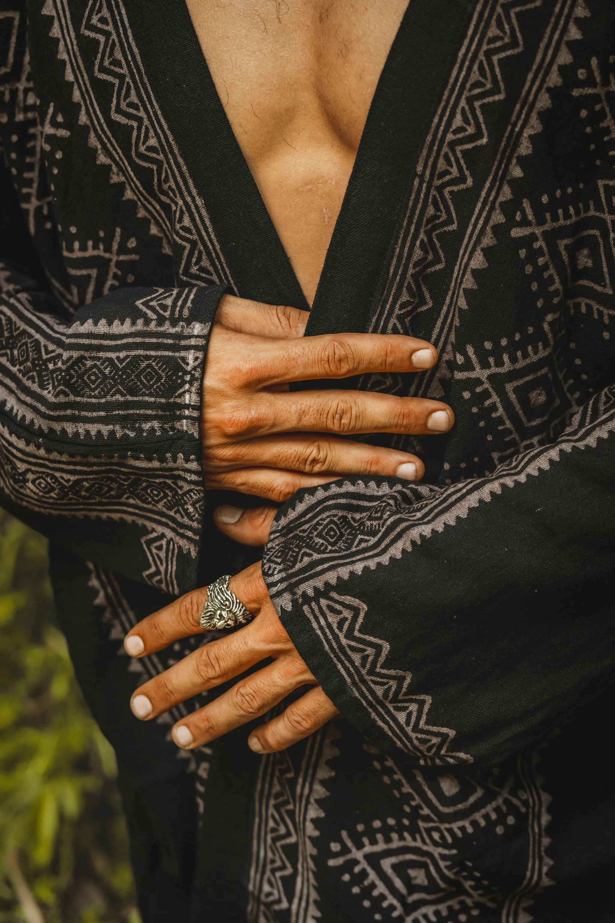 KHAL Black Open Cotton Shirt Mens Top Handwoven Natural Eco Dyed Block Printed Buttonless Gypsy Tribal Primitive Festival Muscle Vest AJJAYA sold by Ajjaya product image thumbnail 2