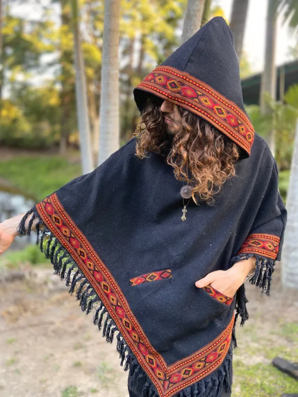 Mens Hooded Poncho Pixie Black Vegan Cotton Handwoven Pockets Gypsy Boho Festival Hood Tribal Embroidery Elvish Native Mexican AJJAYA sold by Ajjaya