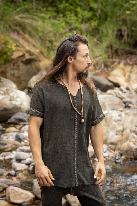 IKRAN Mens Cotton T Shirt Top Stone Washed Naturally Dyed Tribal Pattern Open V Neck Breathable Festival Ritual Shaman sold by Ajjaya