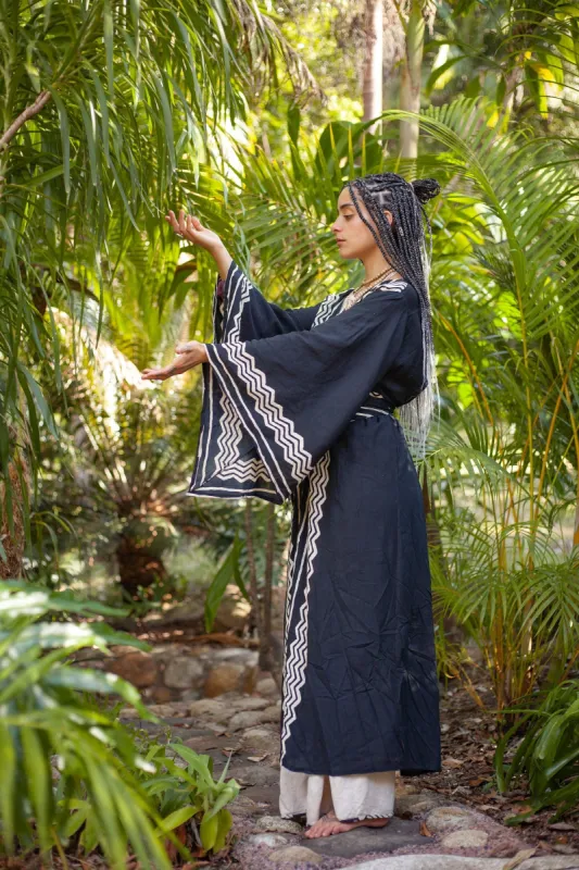 ELGA Womens Kimono Robe Arm Flairs Soft Breathable Rayon Festival Black and White Tribal African Patterns Elegant Boho Pyjama AJJAYA sold by Ajjaya