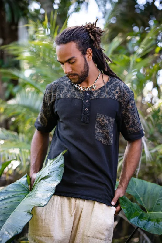 Mens ASURA Top Black Golden Sacred Shipibo Pattern Pocket T Shirt Shamanic Neo Tribal Gypsy Ritual Shaman Ethnic Handmade Huachuma AJJAYA sold by Ajjaya