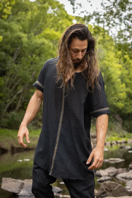 IKRAN Mens Black Cotton T Shirt Top Naturally Dyed Tribal Pattern Open V Neck Breathable Festival Ceremony Ritual Shaman AJJAYA sold by Ajjaya