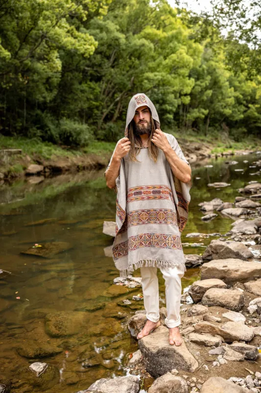 Mens Hooded Poncho Long Light Grey Cashmere Wool Tribal Embroidery, Large Hood, Pockets, Hippie, Primitive, Gypsy, Boho festival AJJAYA sold by Ajjaya