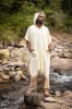 SAHAJI Poncho Beige Pure Cashmere Wool Hooded Mens Long with Pockets Handmade Handwoven Viking Festival Ceremony Gypsy Boho Mexican AJJAYA sold by Ajjaya