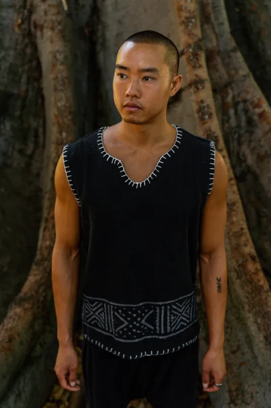 KAURI Black Mens Sleeveless Tank Top Handmade Muscle Gypsy Earthy Shirt, Tribal Jungle Natural Savage Festival Rave AJJAYA Nomadic Primitive made by Ajjaya
