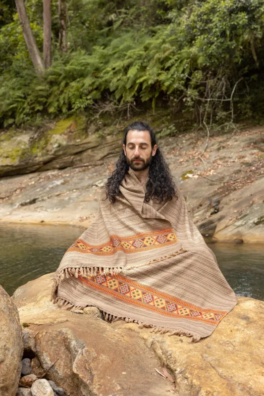 JHANA Shawl Meditation Prayer Mocca Brown Blanket Cosy Cashmere Yak Wool and Acrylic Wool Wrap Tibetan Tribal Celtic Embroidery Zen AJJAYA sold by Ajjaya