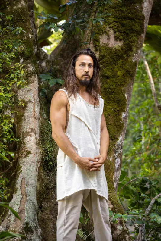 ARIKI Mens Beige Tank Muscle Top Sleeveless Shirt Loose Fit Handmade Cotton Tribal Festival Natural Dyed Earthy Dystopian Steampunk AJJAYA sold by Ajjaya