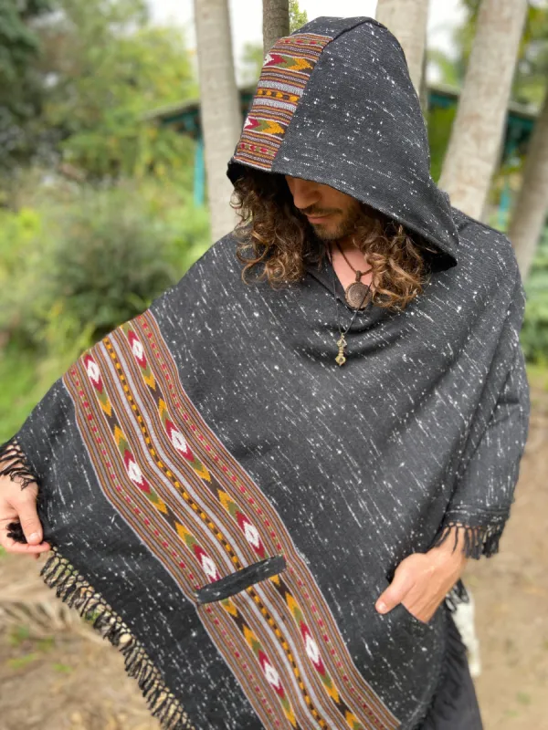 NAMA Hooded Poncho Dark Grey Black Handwoven Wool Premium Pure Cashmere Hood Zen Embroidery Boho Gypsy Festival Mexican Aztec Celtic AJJAYA sold by Ajjaya