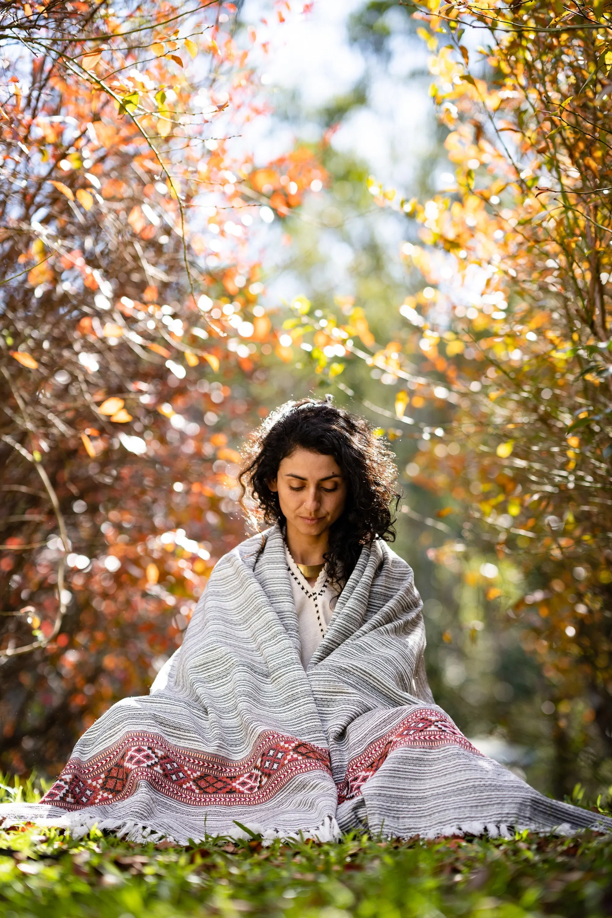 JHANA Meditation Prayer Shawl Blanket Cosy Grey Black Tibetan Tribal Celtic Embroidery Boho Zen AJJAYA sold by Ajjaya product image thumbnail 5