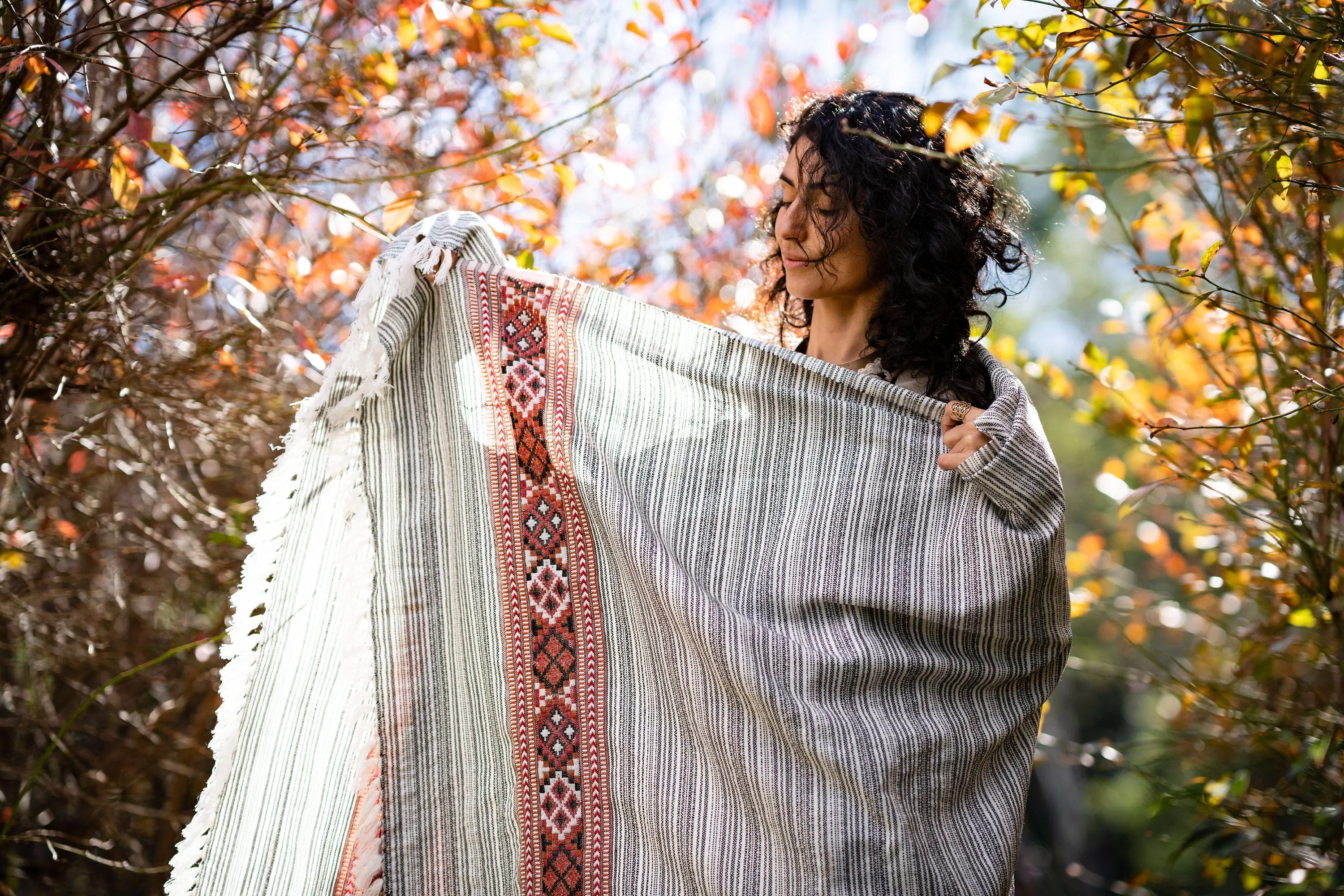JHANA Meditation Prayer Shawl Blanket Cosy Grey Black Tibetan Tribal Celtic Embroidery Boho Zen AJJAYA sold by Ajjaya product image thumbnail 2