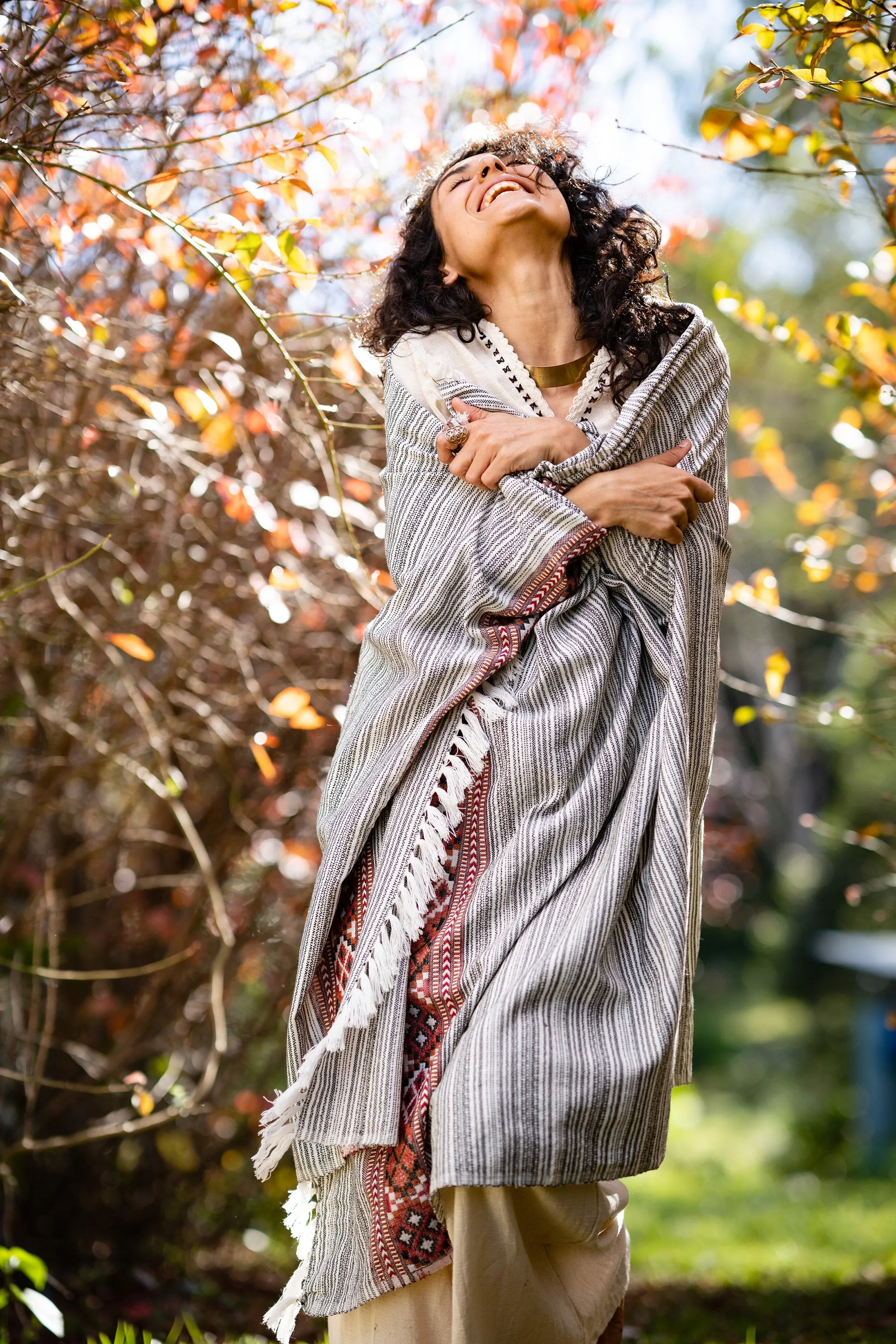 JHANA Meditation Prayer Shawl Blanket Cosy Grey Black Tibetan Tribal Celtic Embroidery Boho Zen AJJAYA sold by Ajjaya product image thumbnail 4