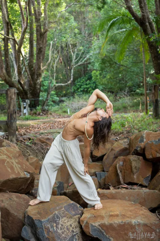 YUGI Beige Mens Cotton Yoga Pants Natural Plant Dyed Pockets Yogi Breathable Gym Straight Trousers Flexible Drawstring Festival Rave AJJAYA sold by Ajjaya