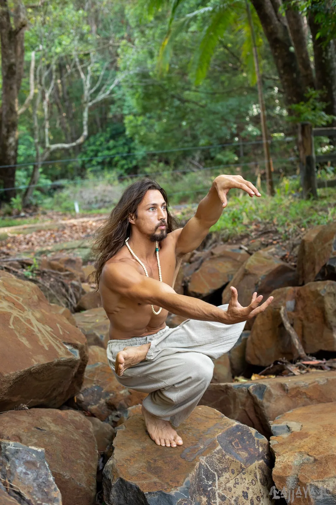 YUGI Beige Mens Cotton Yoga Pants Natural Plant Dyed Pockets Yogi Breathable Gym Straight Trousers Flexible Drawstring Festival Rave AJJAYA sold by Ajjaya product image thumbnail 5