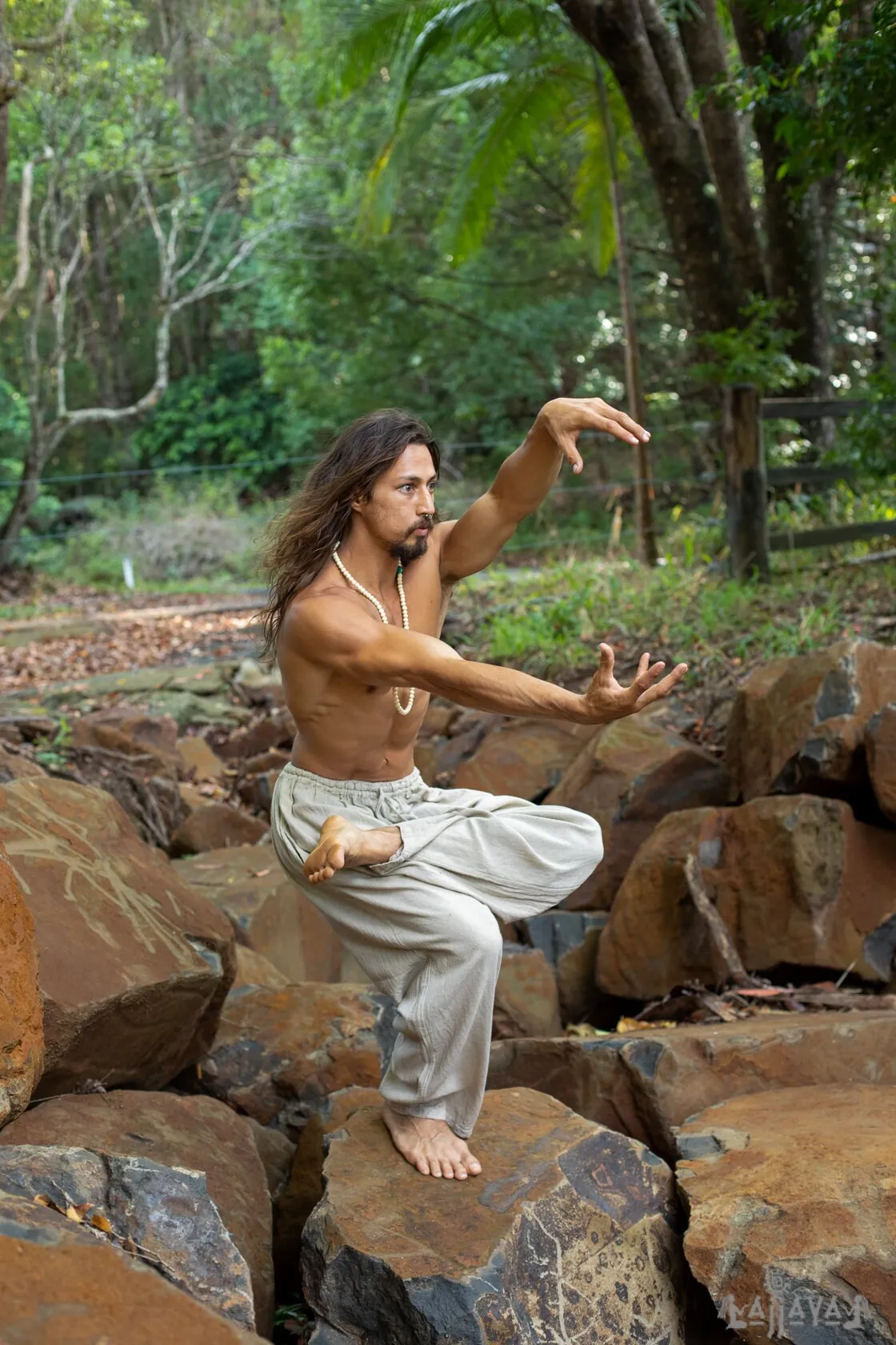 YUGI Beige Mens Cotton Yoga Pants Natural Plant Dyed Pockets Yogi Breathable Gym Straight Trousers Flexible Drawstring Festival Rave AJJAYA sold by Ajjaya product image thumbnail 2