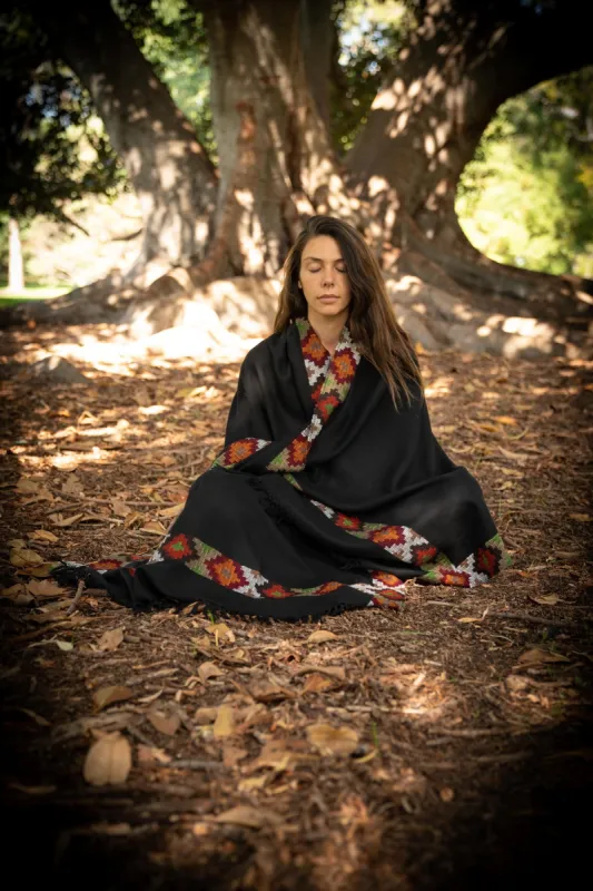 SADHU Black Shawl Handwoven Wool Meditation Prayer Scarf Blanket Premium Pure Cashmere Winter Tribal Zen Embroidery Boho Wrap AJJAYA sold by Ajjaya