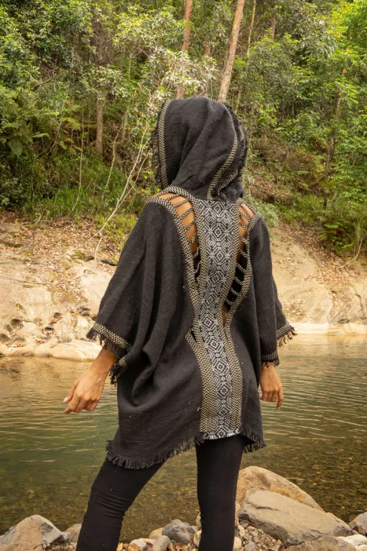 WIZARD Womens Black Hooded Kimono Vest Tribal Ritual Ceremony Shamanic Gypsy Festival Magic Ritual Alchemy Primitive Rave Boho Earthy AJJAYA sold by Ajjaya