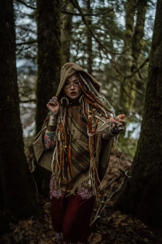 HODDI Hooded Wool Poncho Desert Sand Tribal Embroidery Pockets Fairy Boho Festival Nomadic Primitive Hippie AJJAYA sold by Ajjaya