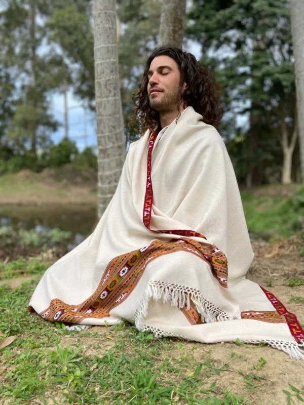VIRIYA Shawl Off White Beige Handwoven Wool Meditation Prayer Scarf Blanket Premium Pure Cashmere Winter Tribal Zen Embroidery Boho AJJAYA sold by Ajjaya
