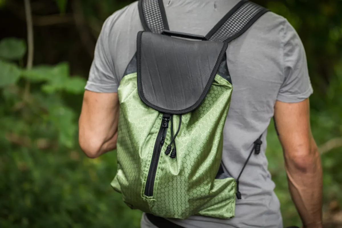 Green Recycled Inner Tube Tyre Hiking Bag Day Backpack Water Resistant Upcycled Easy Access Eco Environmentally Sustainable Friendly AJJAYA sold by Ajjaya