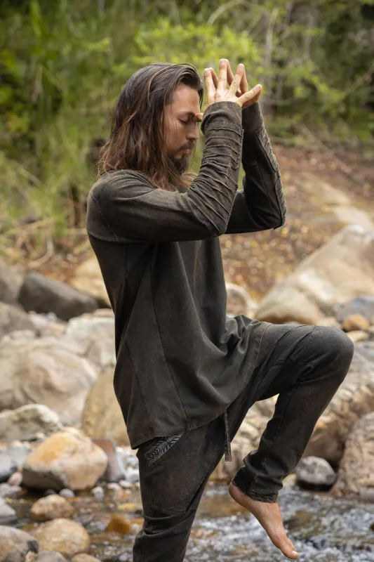 JAMIS Mens Jumper Black Long Sleeve Top Pullover Handmade Apocalyptic Dune Rugged Stone Washed Festival Steampunk Primitive Ethnic AJJAYA made by Ajjaya