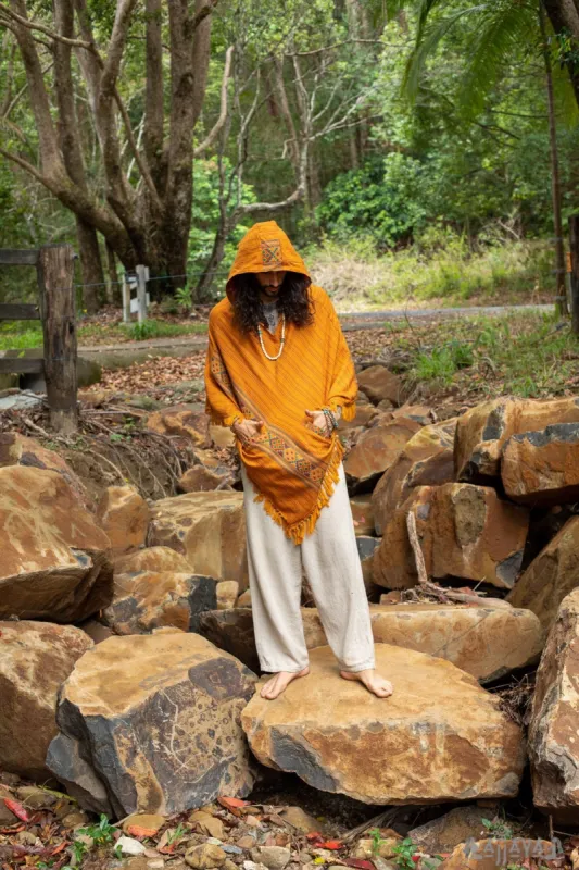 JHANA Orange Hooded Mens Poncho Pockets Cashmere Yak Wool and Acrylic Wool Handmade Celtic Embroidery Boho Primitive Festival Mexican AJJAYA sold by Ajjaya