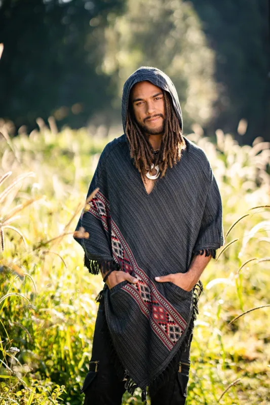 JHANA Mens Hooded Poncho with Pockets Grey Black Cashmere Yak and Acrylic Wool Wool Handmade Celtic Embroidery Primitive Festival AJJAYA sold by Ajjaya