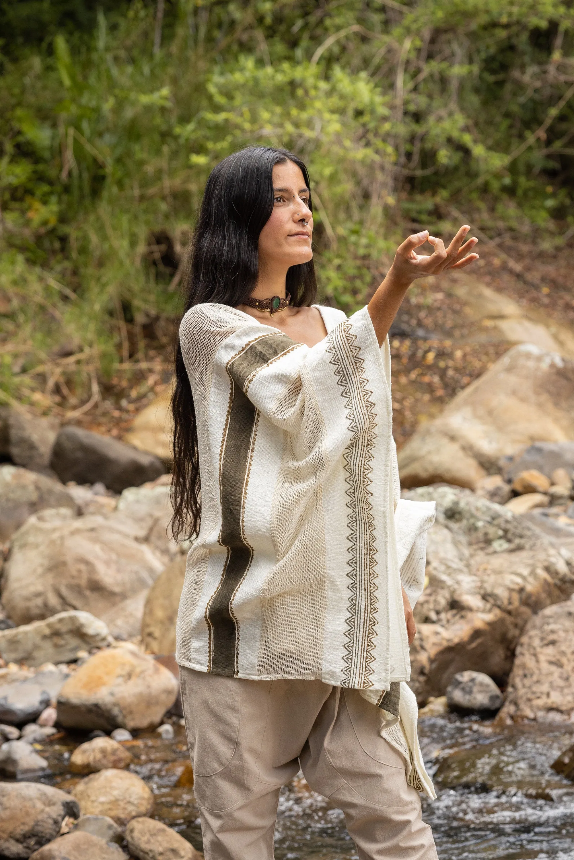 TAIKI Womens Cream Light Beige Poncho Cotton Top Kaftan Boho Block Printed Natural Dye Pattern Festival Bohemian Hippie Collarbone AJJAYA sold by Ajjaya product image thumbnail 4