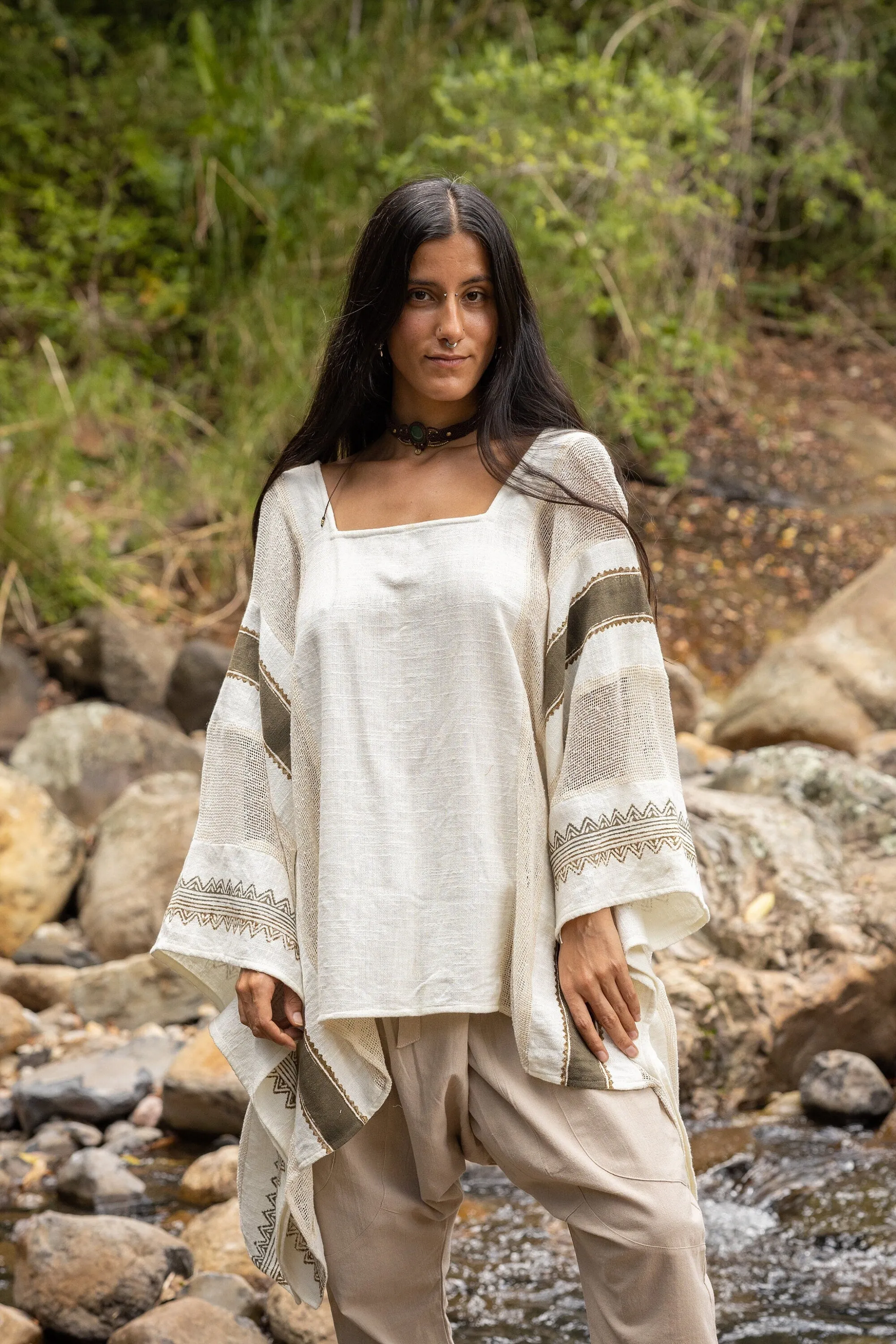 TAIKI Womens Cream Light Beige Poncho Cotton Top Kaftan Boho Block Printed Natural Dye Pattern Festival Bohemian Hippie Collarbone AJJAYA sold by Ajjaya product image thumbnail 2