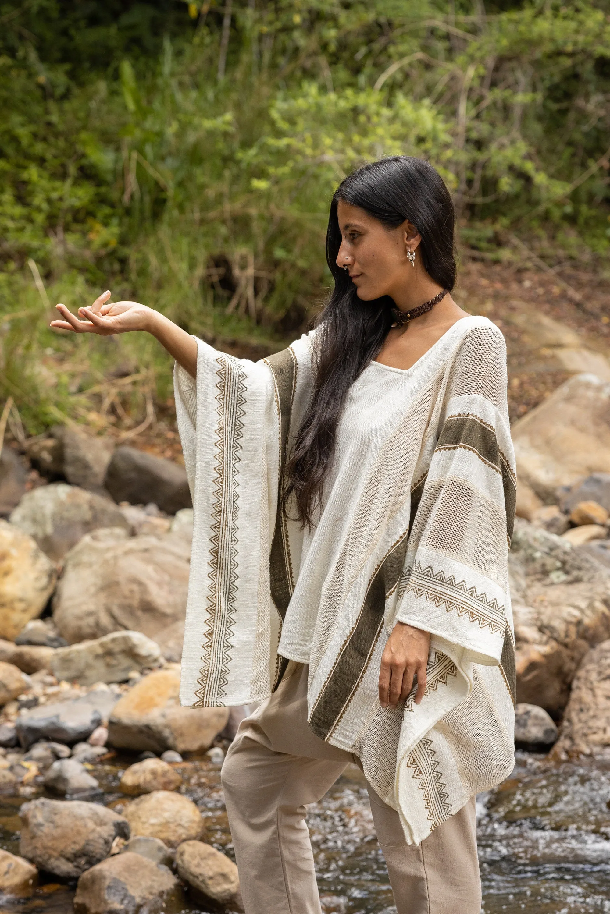 TAIKI Womens Cream Light Beige Poncho Cotton Top Kaftan Boho Block Printed Natural Dye Pattern Festival Bohemian Hippie Collarbone AJJAYA sold by Ajjaya product image thumbnail 3