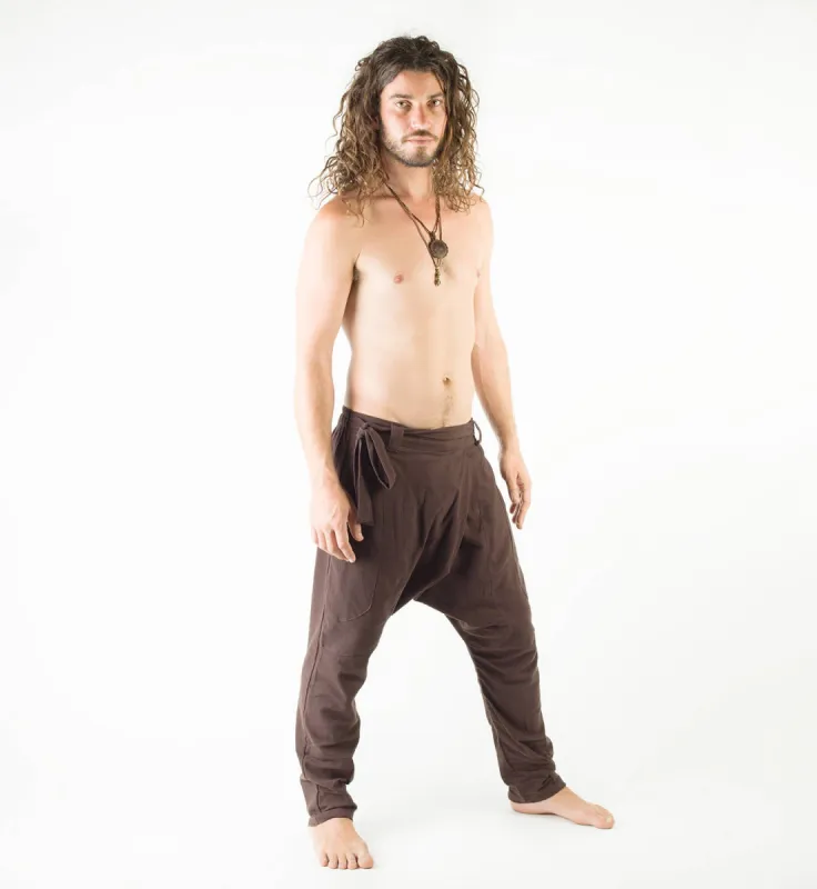 Men's Brown Afghani Harem Drop Crotch Pants, Primitive Handmade Comfortable Yoga Gypsy Boho Alibaba Aladdin Festival Pants Goa two Pockets AJJAYA sold by Ajjaya